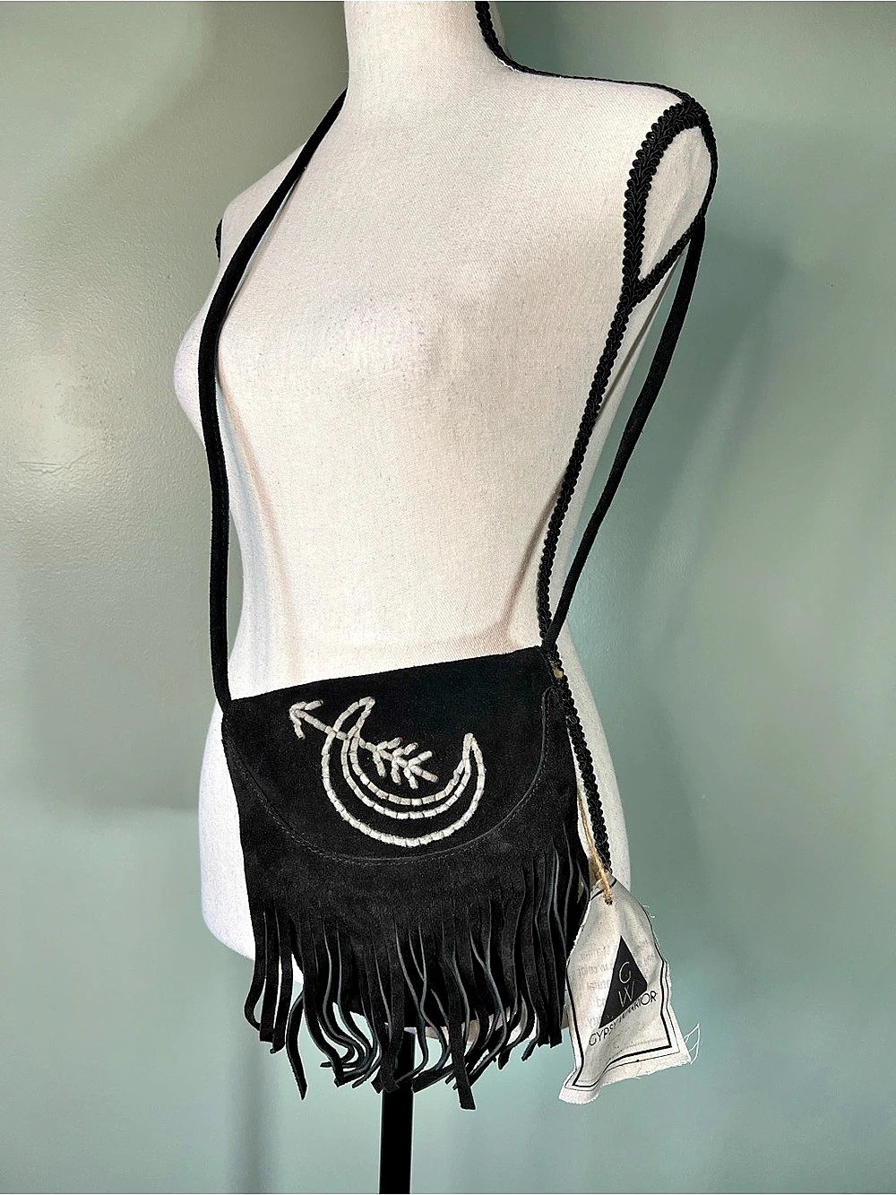 Gypsy Warrior Black Fringe Suede Moon Crossbody Bag